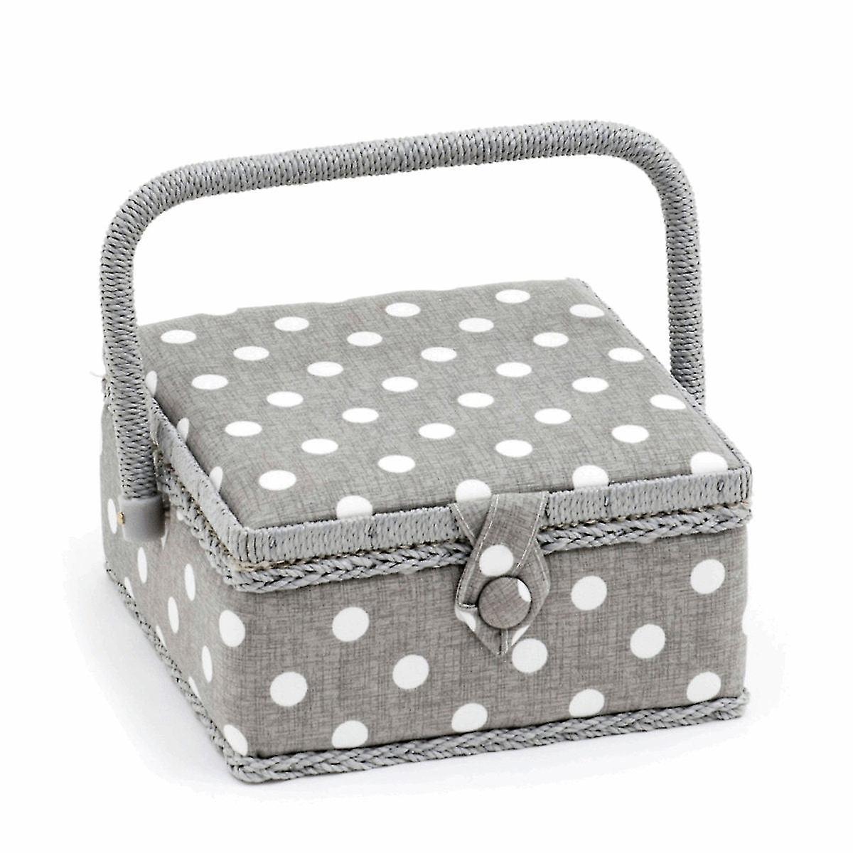 Sewing Box,square: Grey Linen Polka Dot