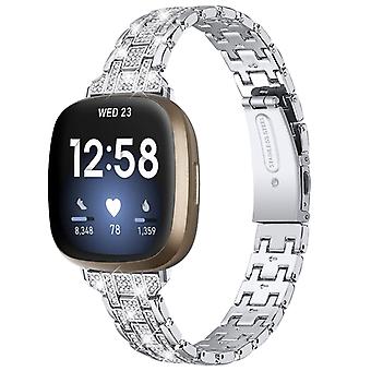 For Fitbit Versa 3/Sense 5 Rows Rhinestone Stainless Steel Double Buckle Watch Band Wrist Strap