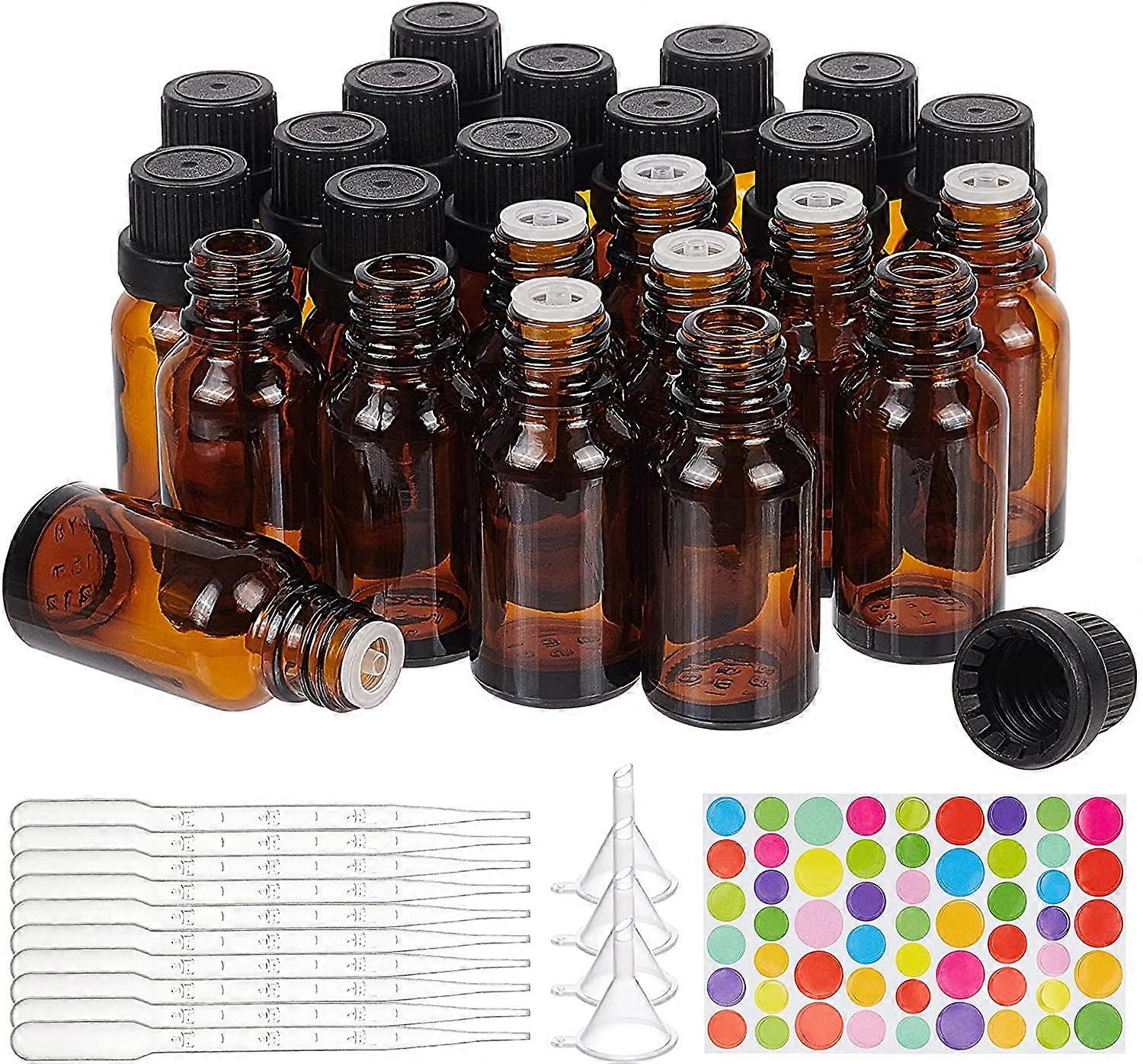 24 Pack 15ml Brown Glass Essential Oil Bottles Refillable Container Kits with Plastic Droppers Funnel Hoppers and Sticker for Aromatherapy Fragrance C
