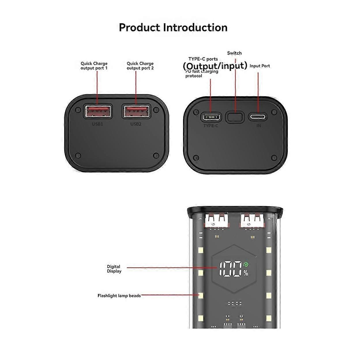 21700 DIY Power Bank Case Supports 4x21700 Batteries PD20W Powerbank Case LED Screen Transparent Battery Storage Shell A