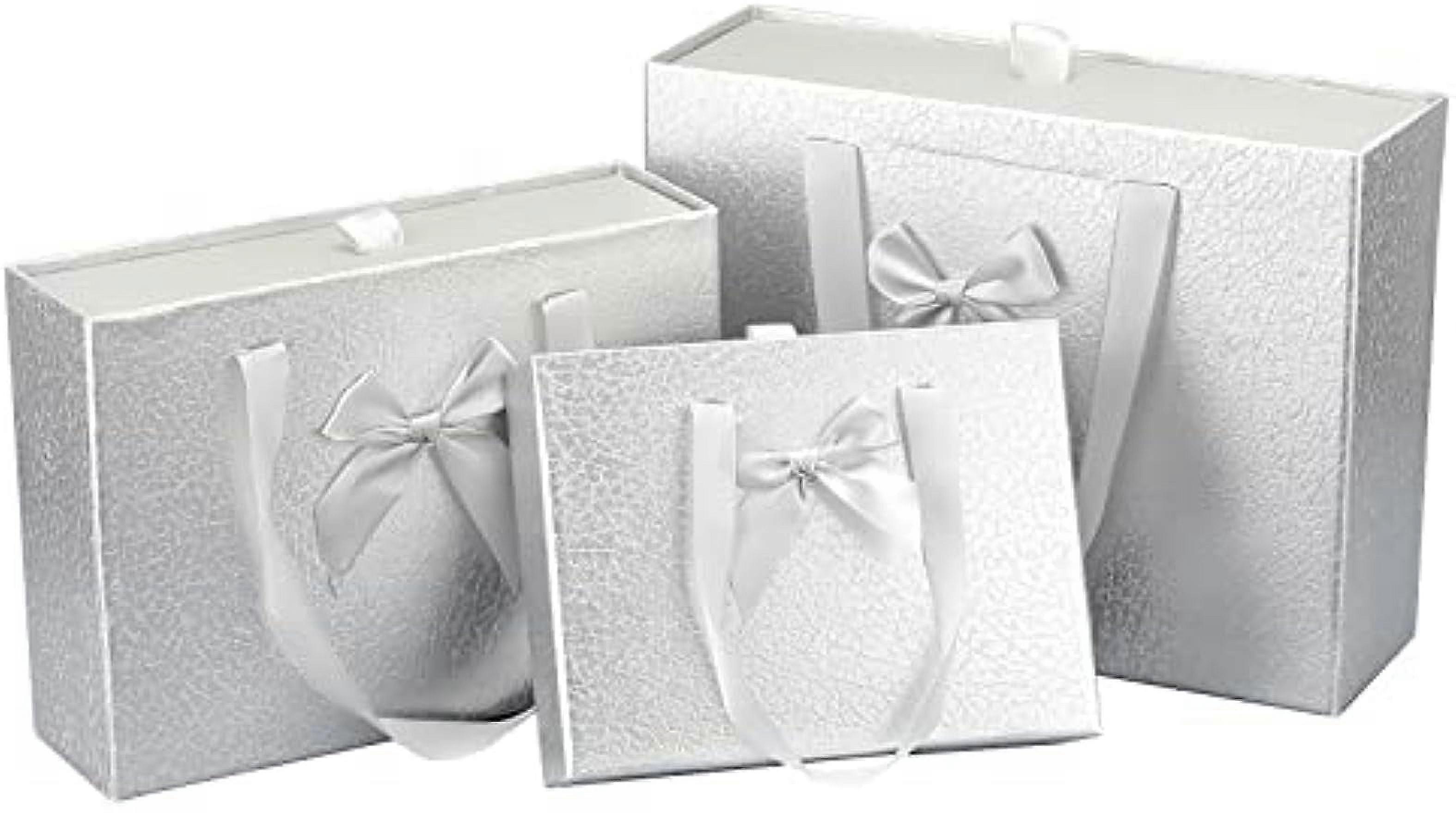 3 Mixed Size Rectangular Silver Drawer Boxes Cardboard Gift Boxes with Portable Ribbon Treat Favor