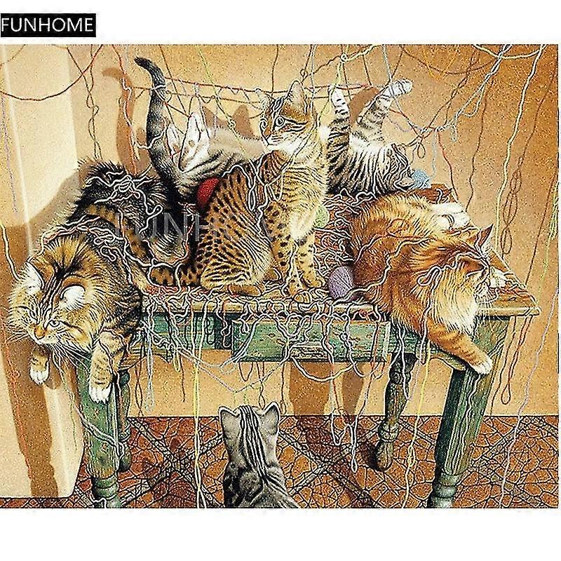 New 5d Diy Full Drill Diamond Painting Cats Playing With Wool Embroidery Cross Stitch Rhinestone Mosaic Painting Decor Funhome