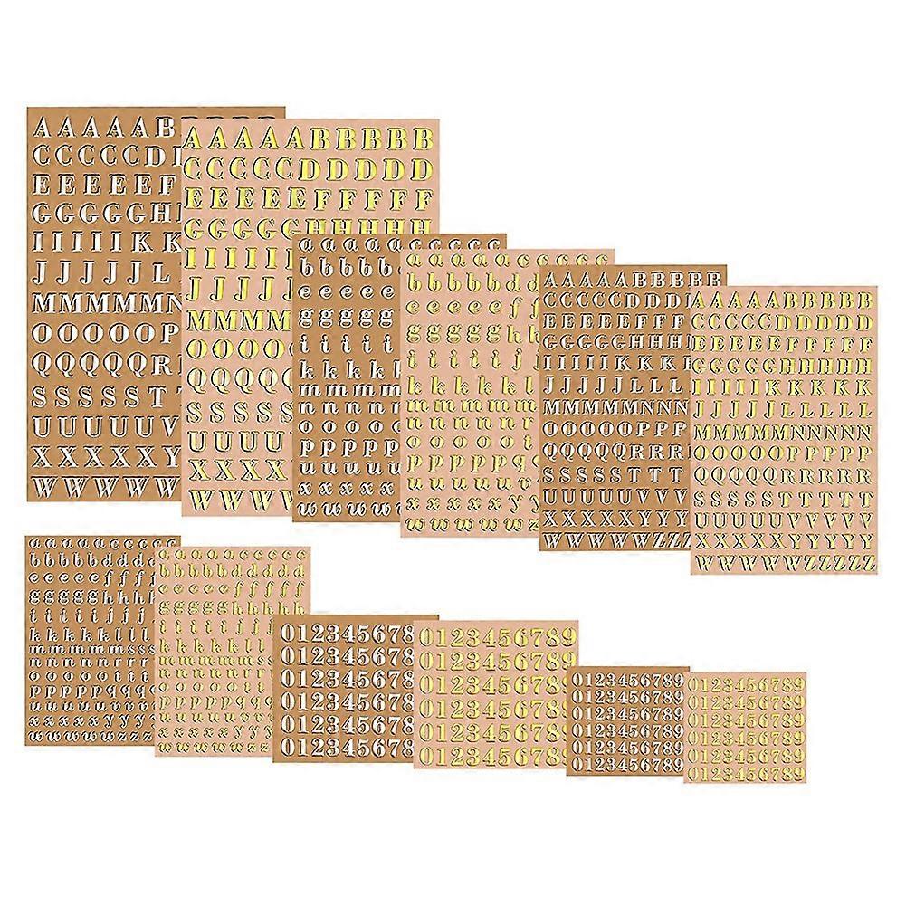 12 Sheets Letter Resin Stickers, Small Alphabet Number Stickers, Alloy, Adhesive, Gold and Silver