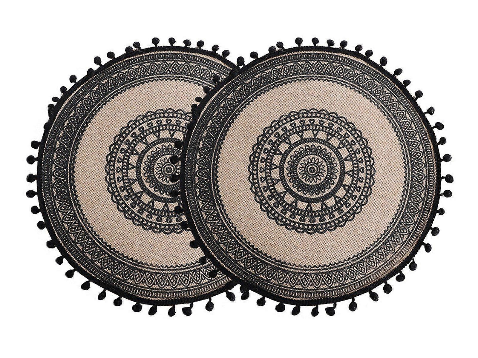 2Pcs 38cm Jute Woven Placemat Tableware Mat Dining Room Table Decor-Black Balls