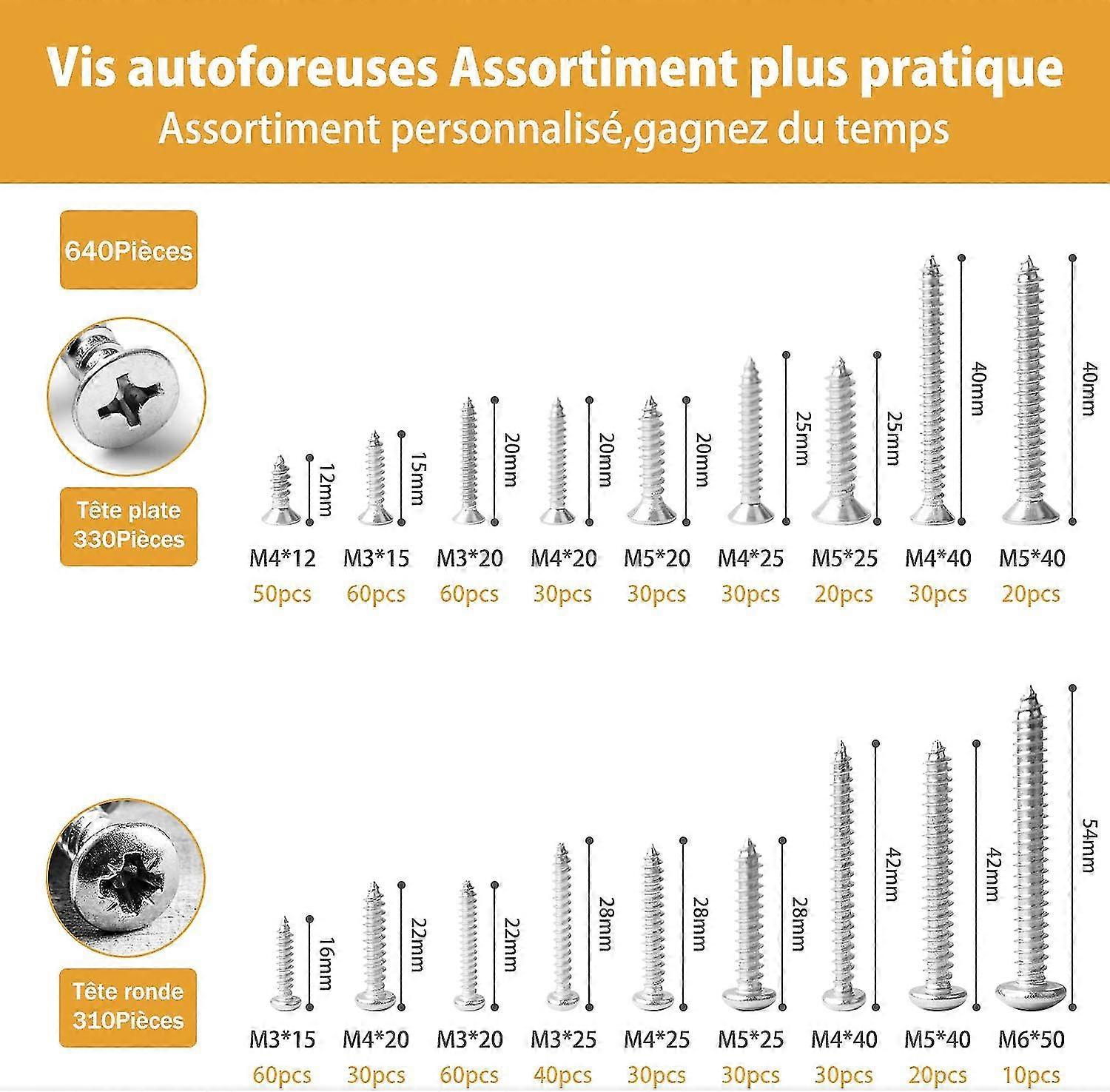 Kit 640pices M3 M4 M5 M6 M6 Self -folding Screw With Thin Head In 304 Stainless Steel - Screw Assortment Kit - Auto -bloom With A Modified Moving Head