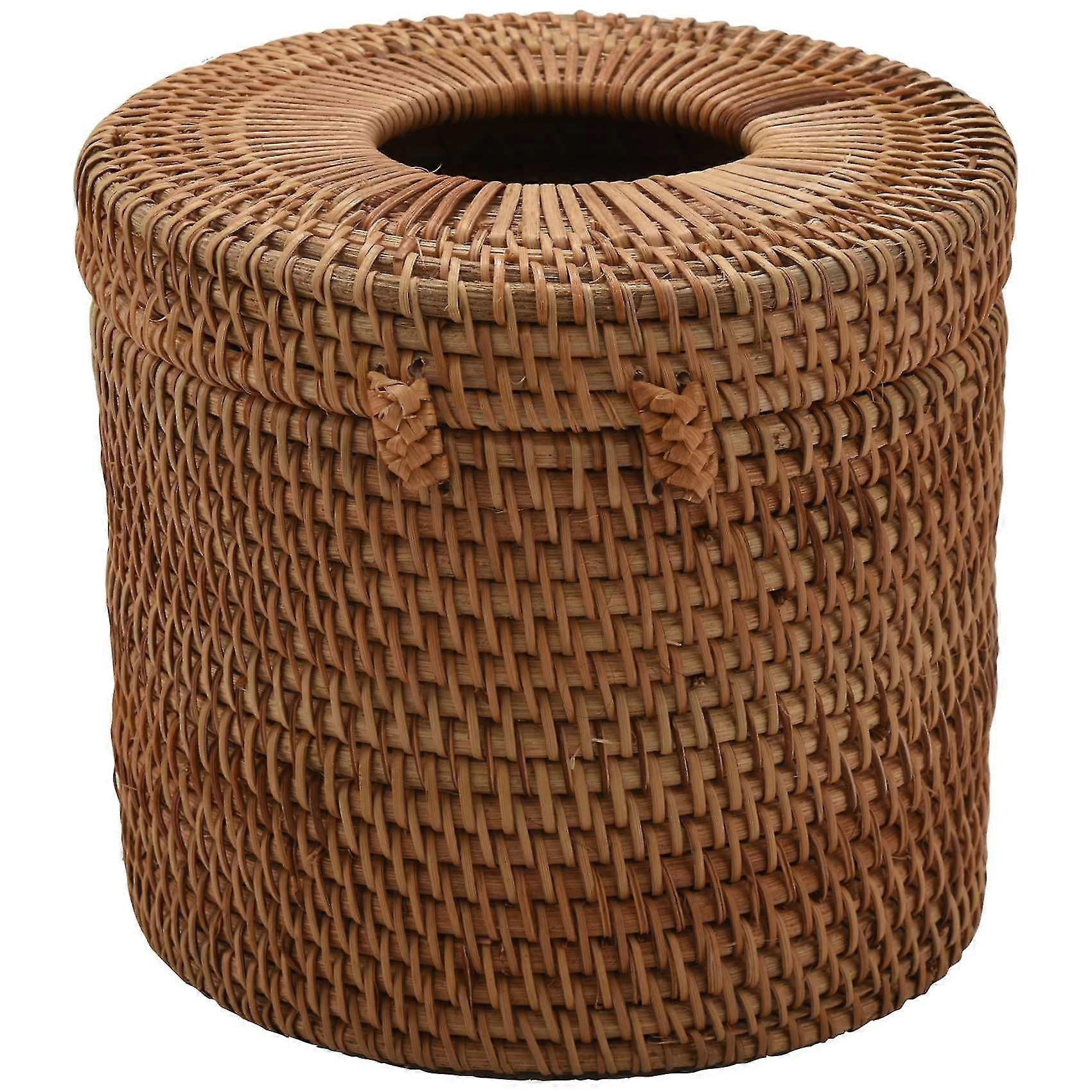 Handwoven Rattan Round Tissue Box Cover – Light Brown, Fits Standard Tissues, Boho Decor