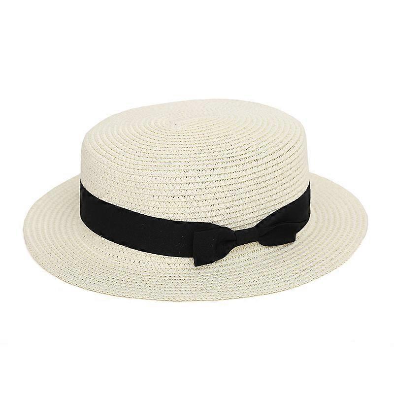Womens Beach Bowler Straw Boater Sun Hat Round Flat Wide Brim Cap
