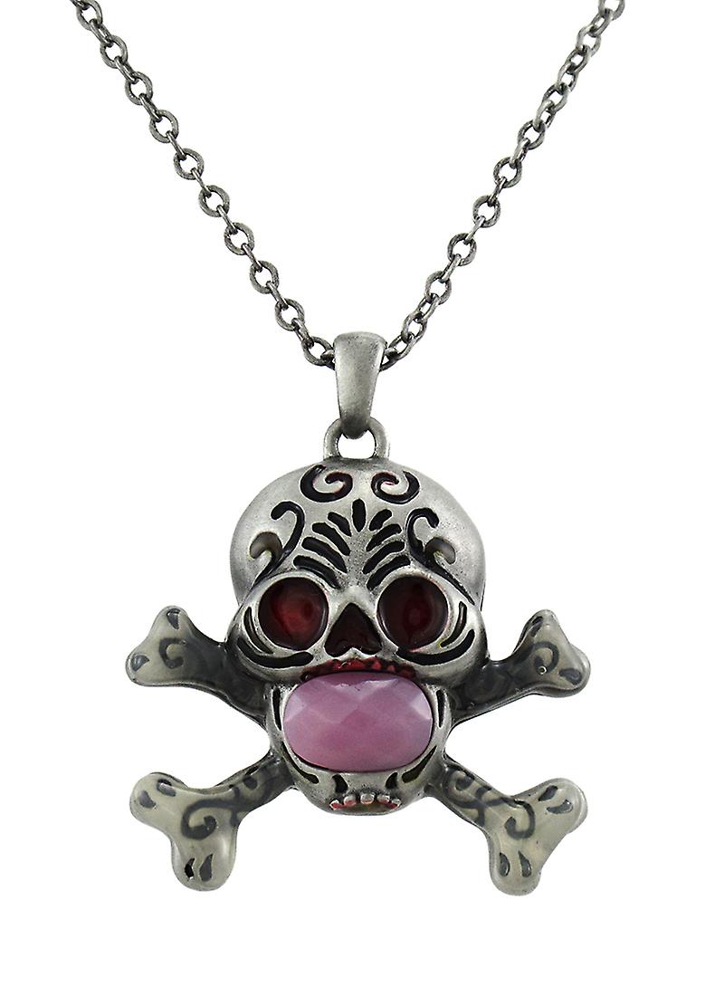 Solid Pewter Day of the Dead Skull Pendant w/ Faceted Pink Stone