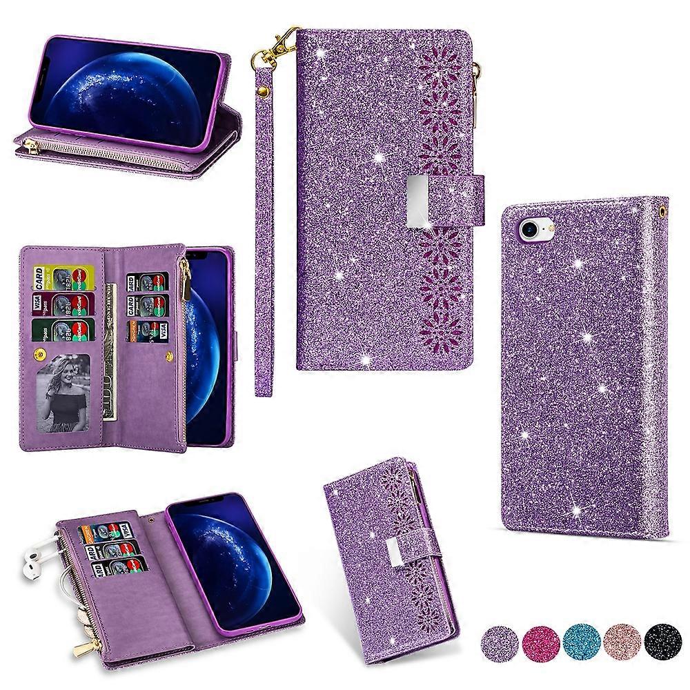 Compatible with iPhone SE 2020 Bling Wallet Case Glitter Leather Magnetic Stand with Card Slots Zipper Pocket Cover