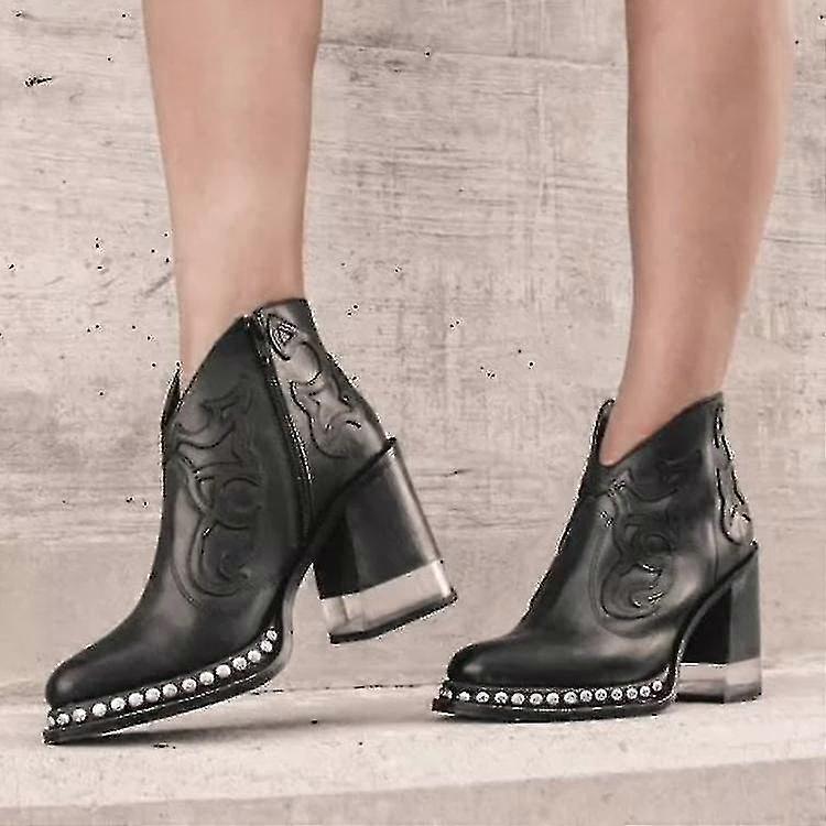 Styl Dámské špičaté kovbojské boty Černé módní kotníkové boty na vysokém podpatku Vyšívané nýty Punkový styl Krátké boty Plus Size-YH