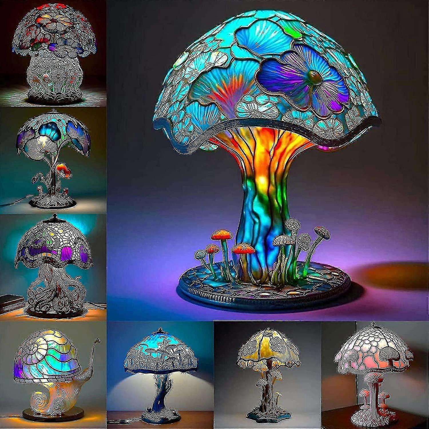 Stained Glass Plant Series Table Lamp, Vintage Table Lamp, Colorful Mushroom Lamp