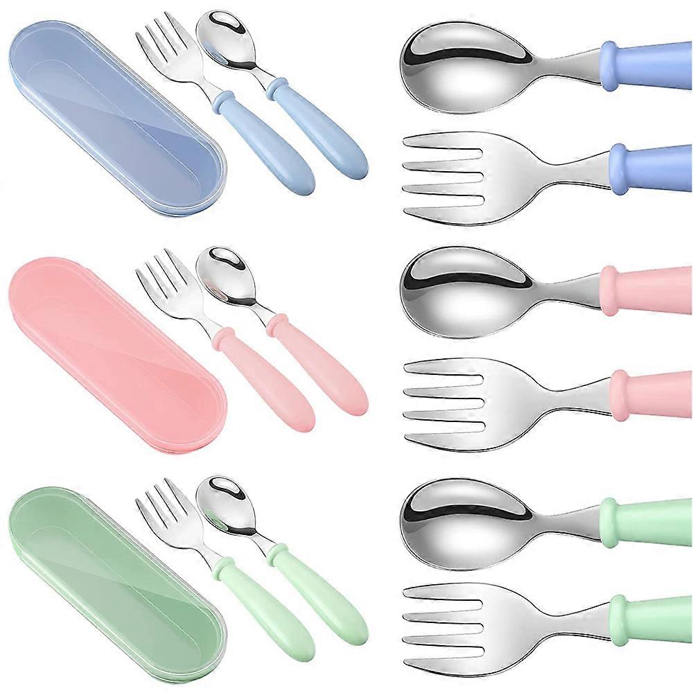 Stainless Steel Fork and Spoon Set - Safe Baby Silverware - Round Handle Tableware for Children