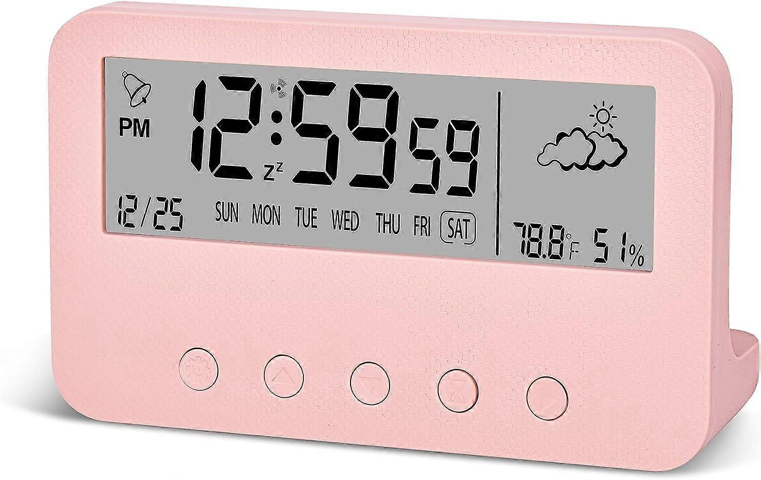 منبه رقمي لغرف النوم ، ساعة مكتبية تعمل بالبطارية ، مع العد التنازلي ، الطقس ، ضوء الليل ، التاريخ ، درجة الحرارة والرطوبة ، للمراهقين والطلاب (وردي)