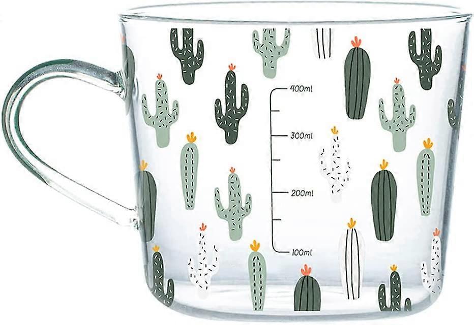 Clear Glass Breakfast Cup with Handle, 15 Oz Milk Mug, Cute Cactus Pattern