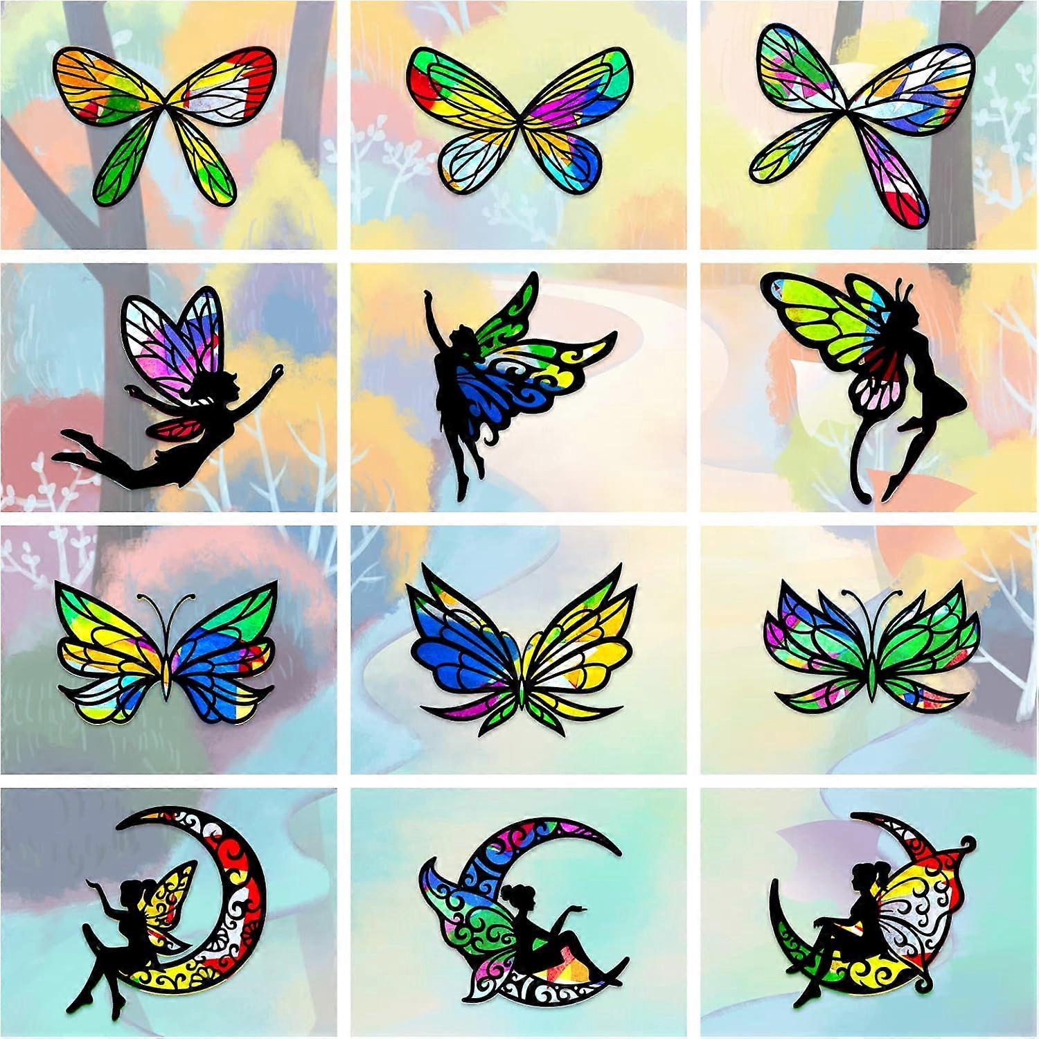 24Pcs Butterfly Fairy Stained Glass Effect Paper Suncatchers Window Clings with Colored Paper, DIY Window Decals Window Paint Art Stickers for DIY Cra