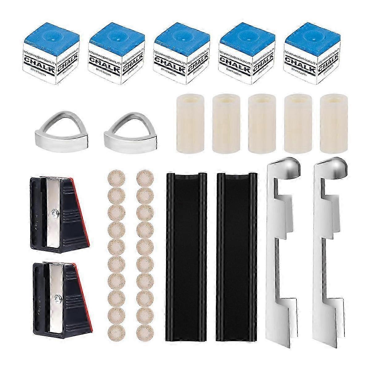 Billiard Cue Repair Kit, 2 Cue Tip Clamps 20 Cue Tips 2 Shapers 5 Chalk Square 5 Ferrules 2 Cue Tip 