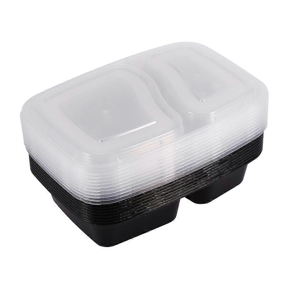 10pcs Plastic Microwavable 2 Compartments Meal Prep Containers Food Storage Boxes (Black)