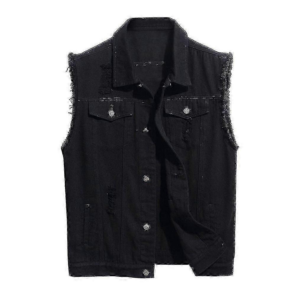 Colete jeans rasgado casual masculino, clássico, estilo caminhoneiro, com botões, sem mangas