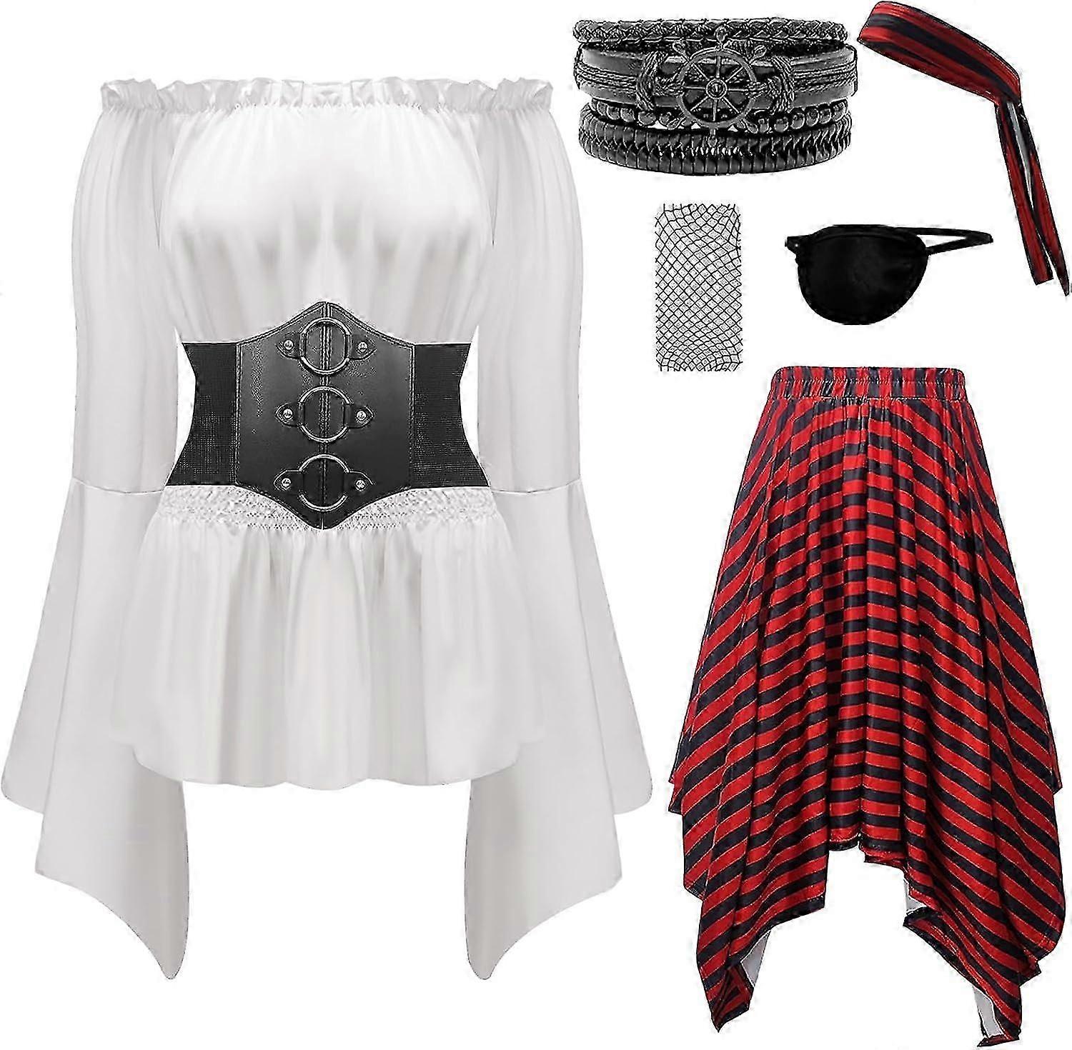 7ピースレディース海賊コスチュームコスプレルネッサンスブラウストップスコルセットウエストベルト海賊スカート海賊コスプレ衣装