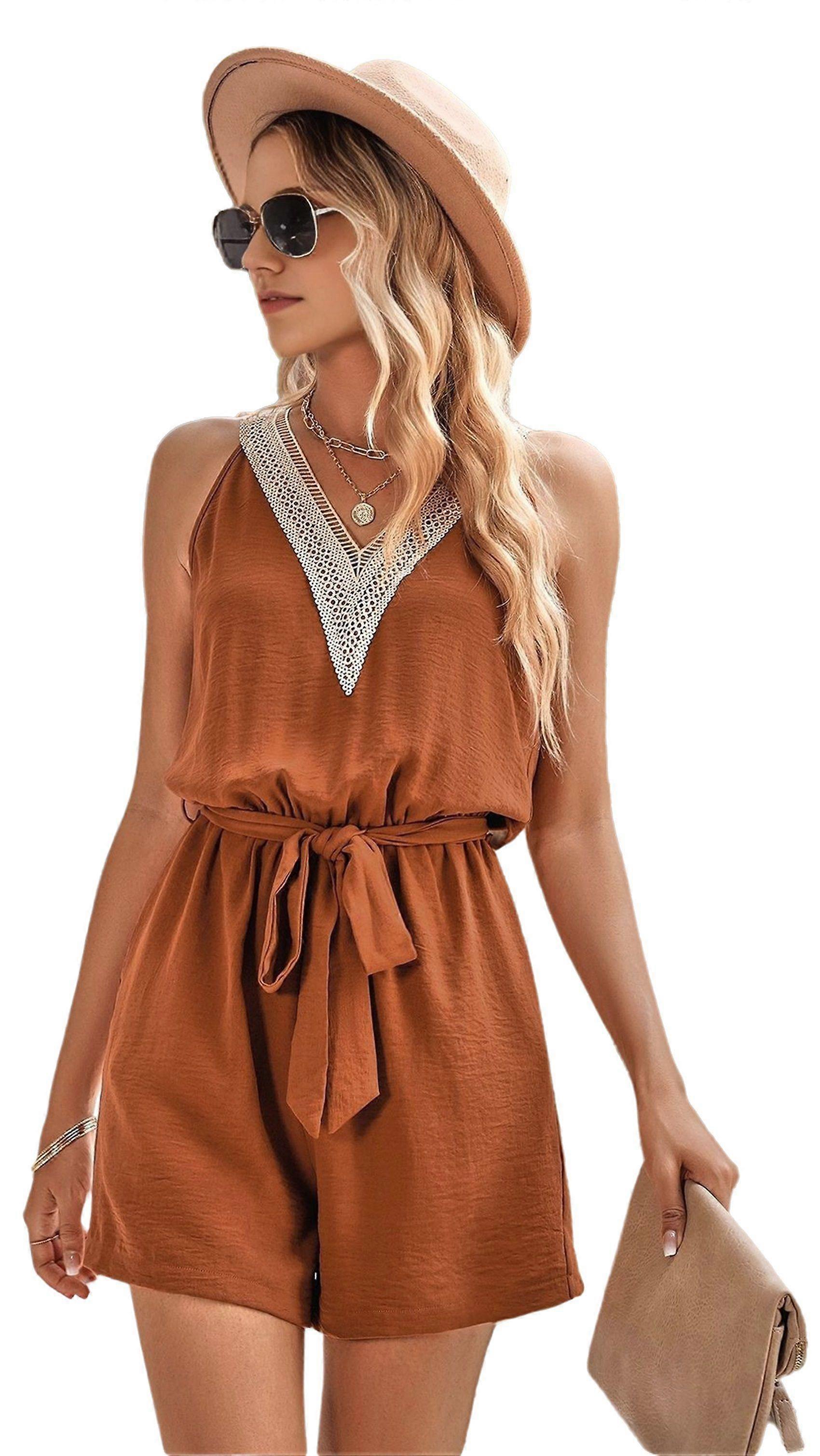 Summer Sleeveless V Neck Jumpsuit Caramel M