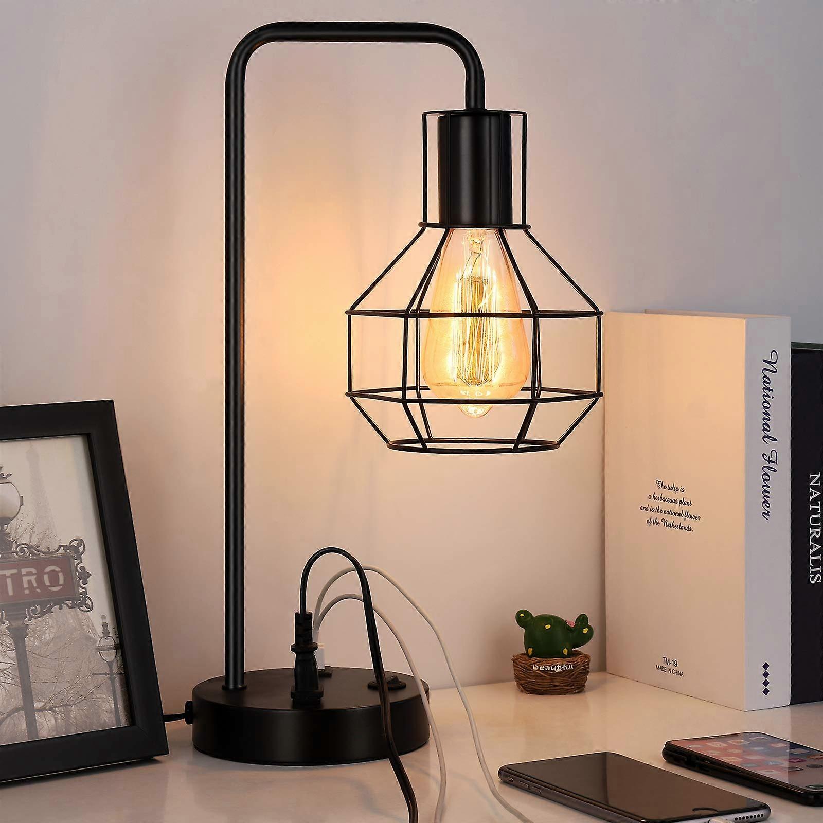 USB Table Lamp, 2 USB Port and 1 AC power socket industrial bedside table lamp, bedroom office university dormitory black metal night light