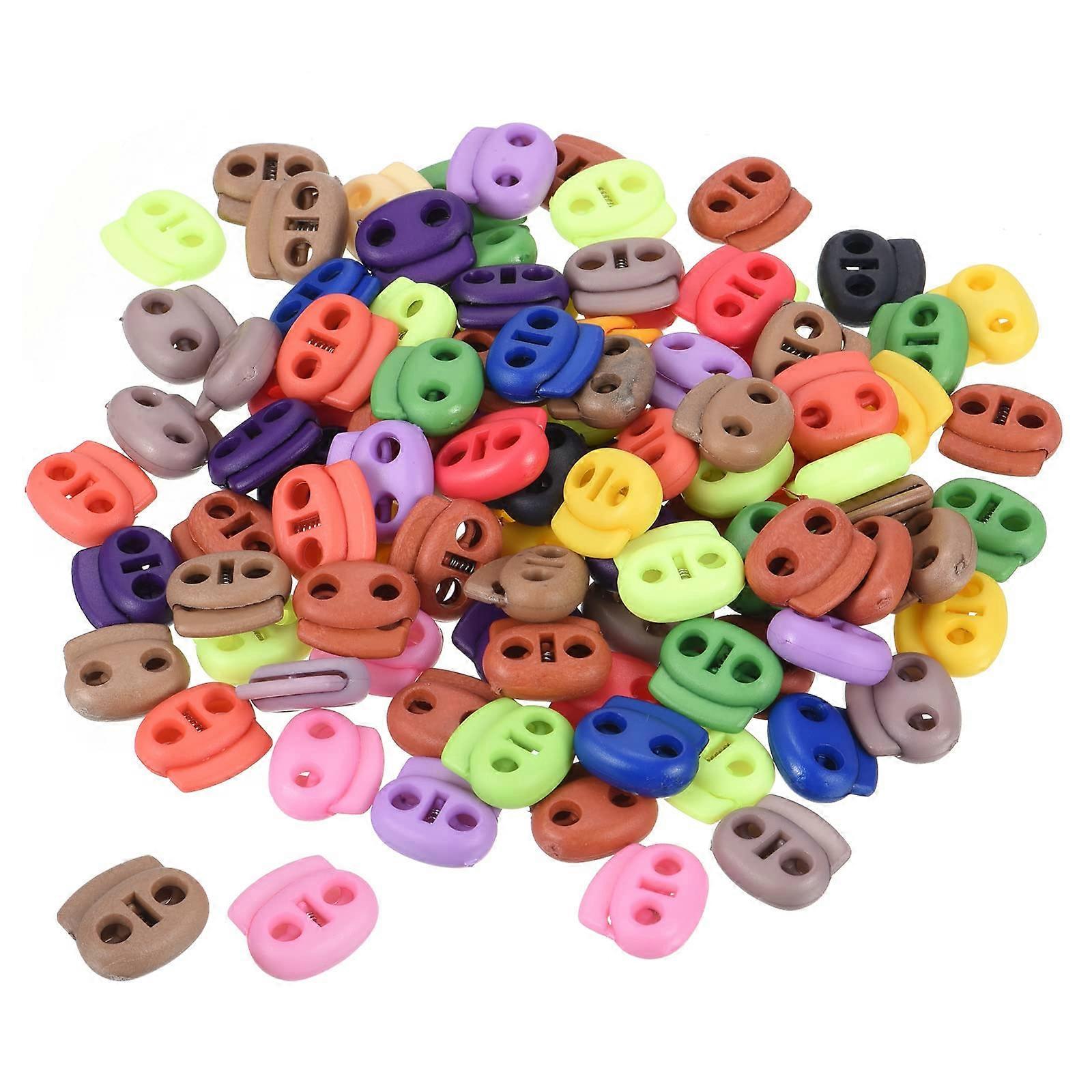 0.8x0.7 Cord Locks Assorted, 100 Pack Double Hole Spring End Toggle Stopper for Drawstring Bag Shoelaces, Multicolor