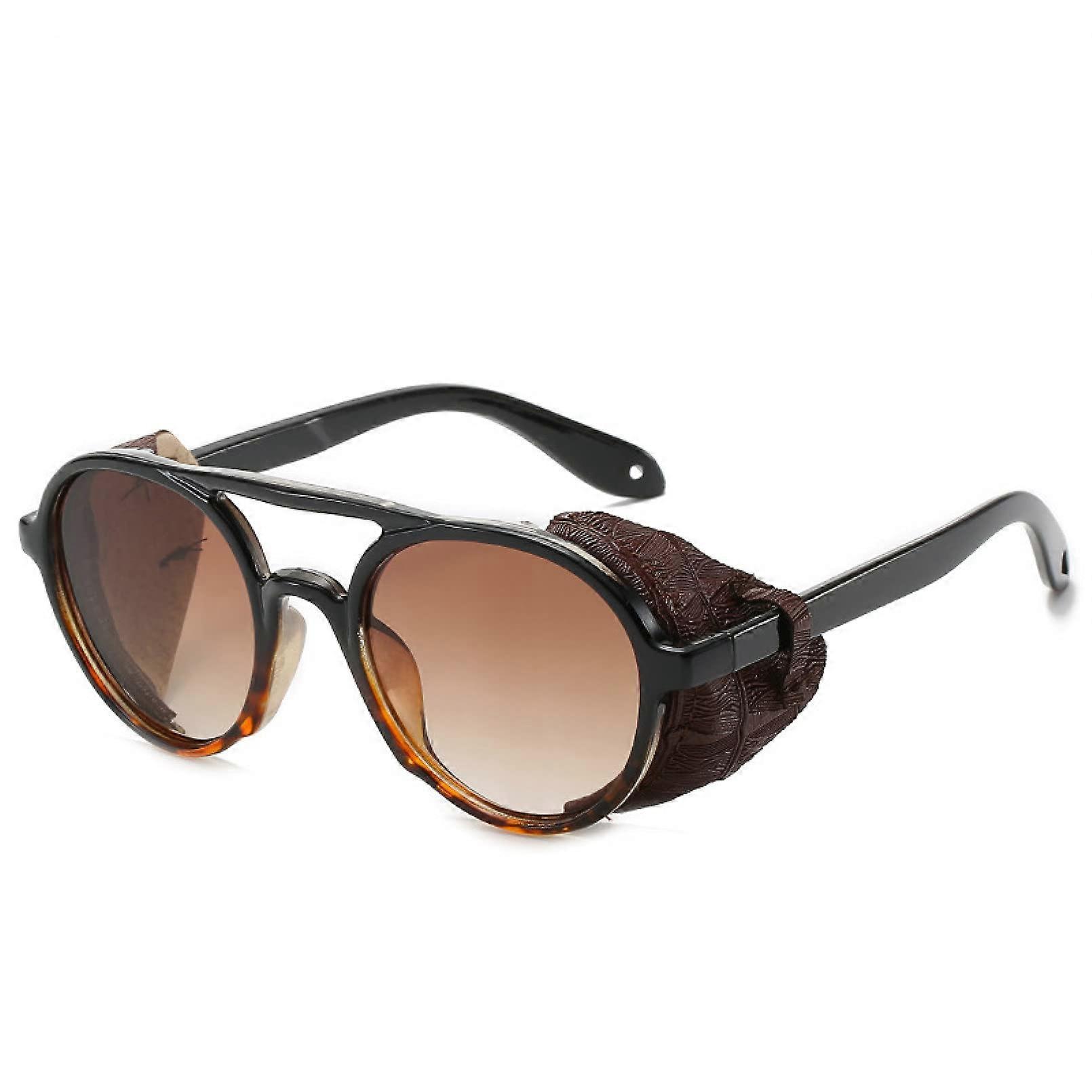 Classic Steampunk Sunglasses for Men and Women - Round Flip Up Vintage UV400 Oculos De Sol in Black Leopard Style