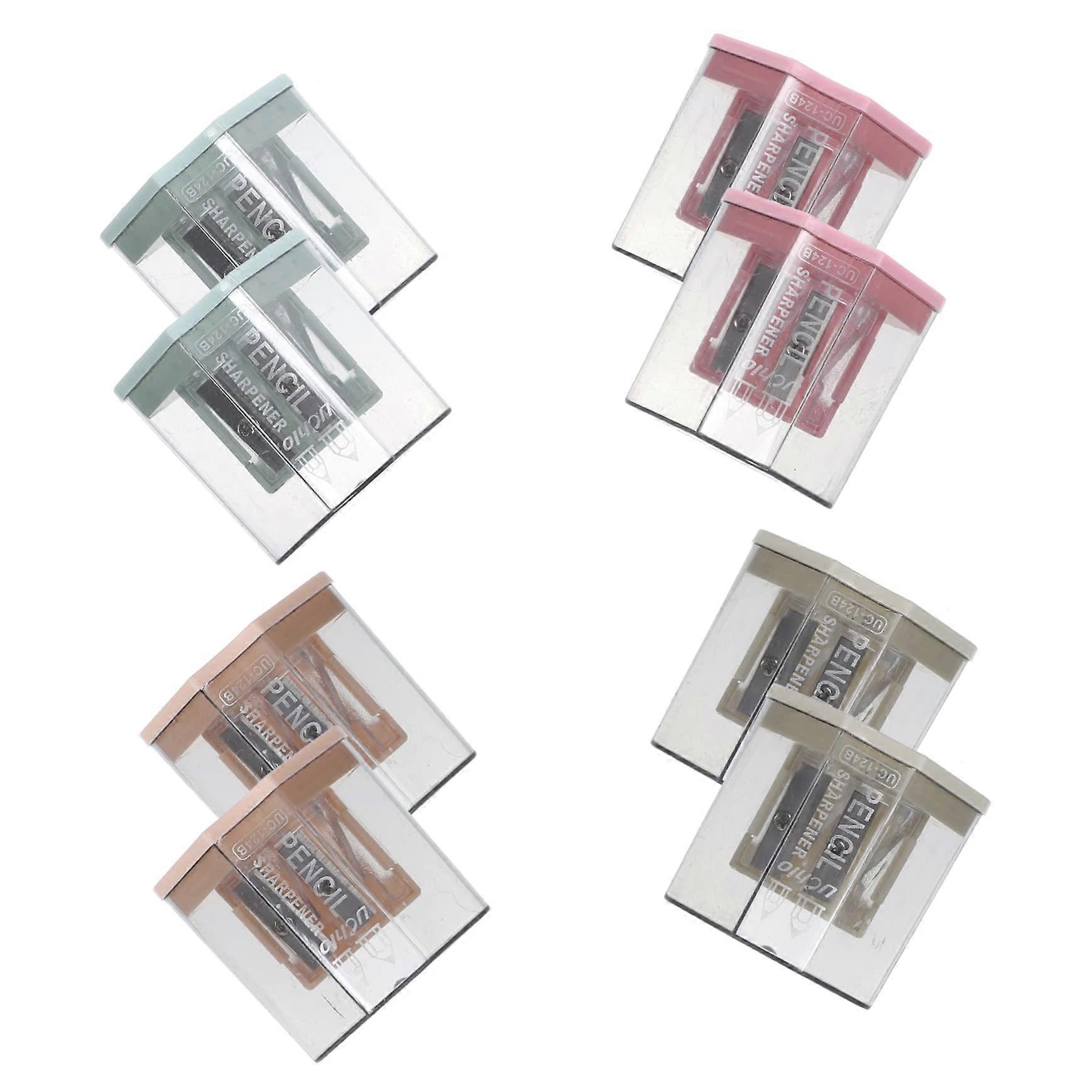 Manual Pencil Sharpener Set of 8 Geometric Design Double Hole Bright Plastic Sharpener for Children and Students Random Colour