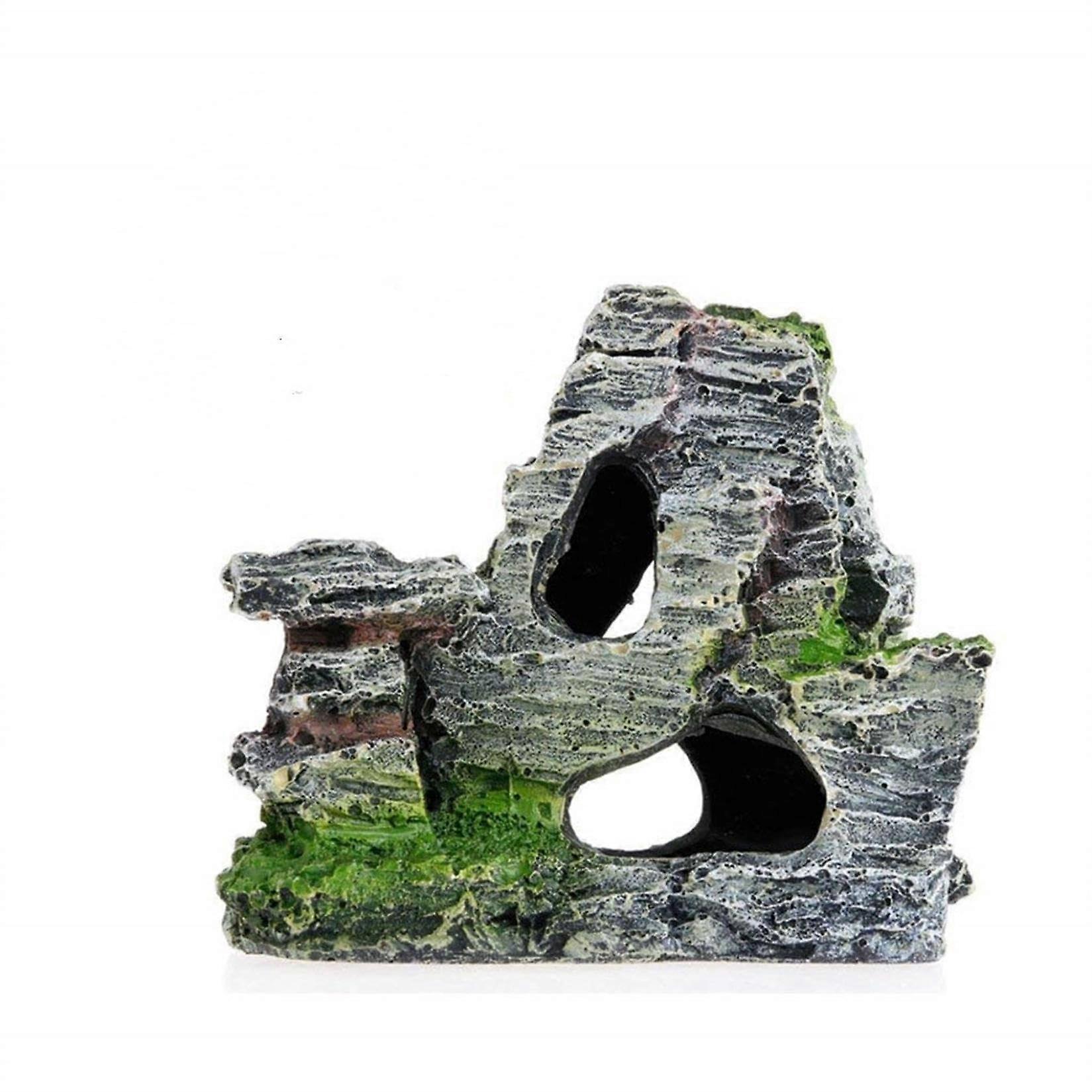 Aquarium Decorative Stone Cave with Green Grass for Fish and Shrimp, Resin Mountain View Rock with Moss Effect, 6 Inch