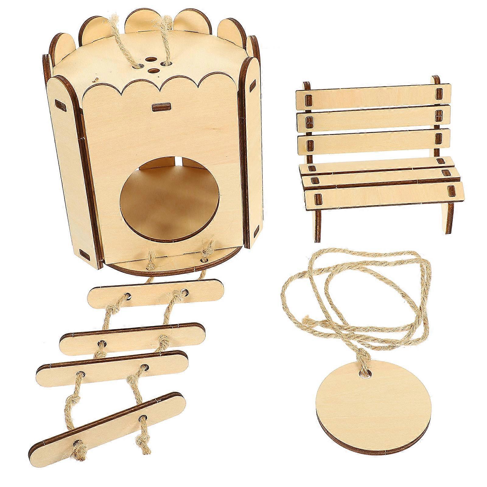 DIY Wooden Hamster House Set with Hideout and Chair for Small Pets Beige 2pcs