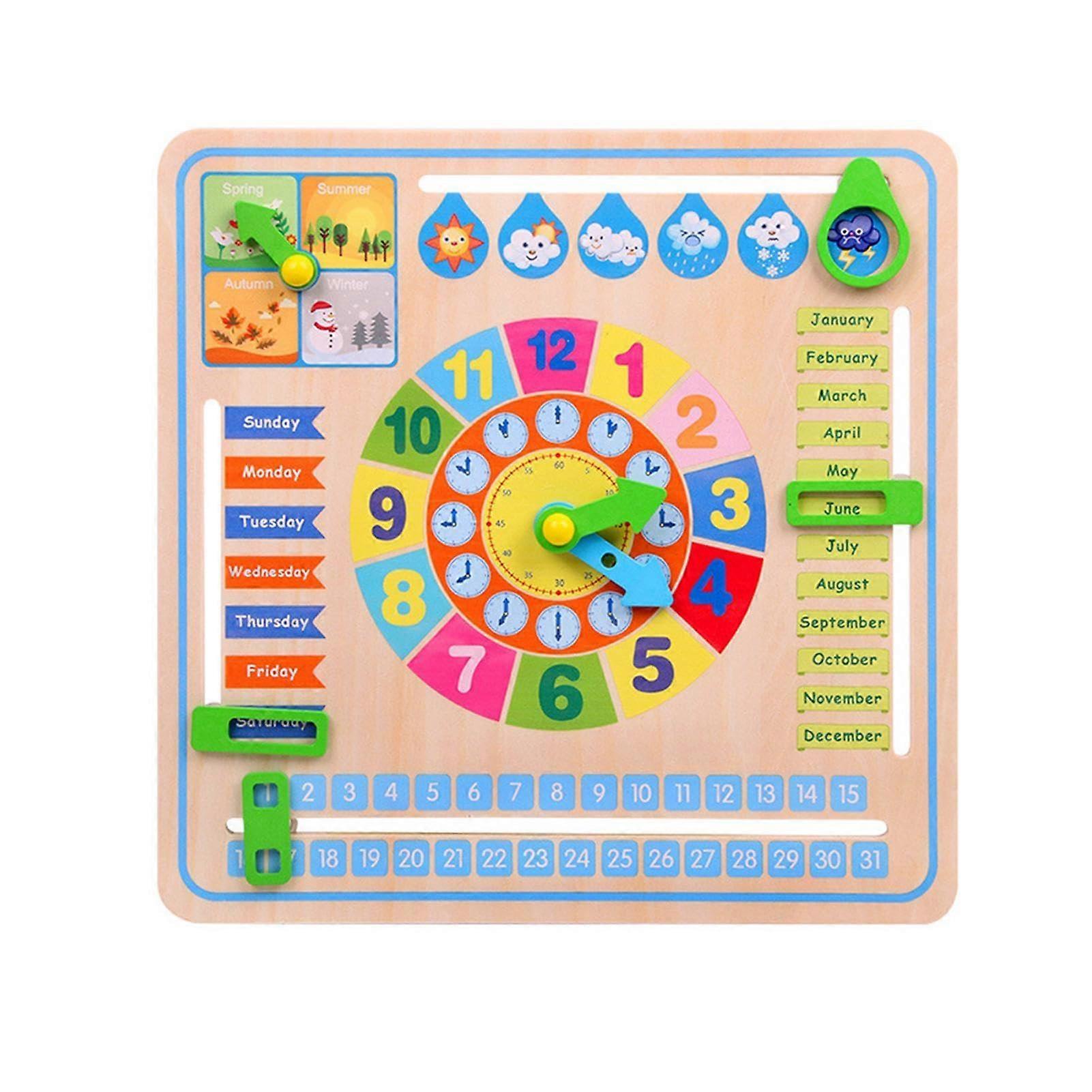Wooden Learning Clock with Date, Time Day Month Weather Season for Preschool