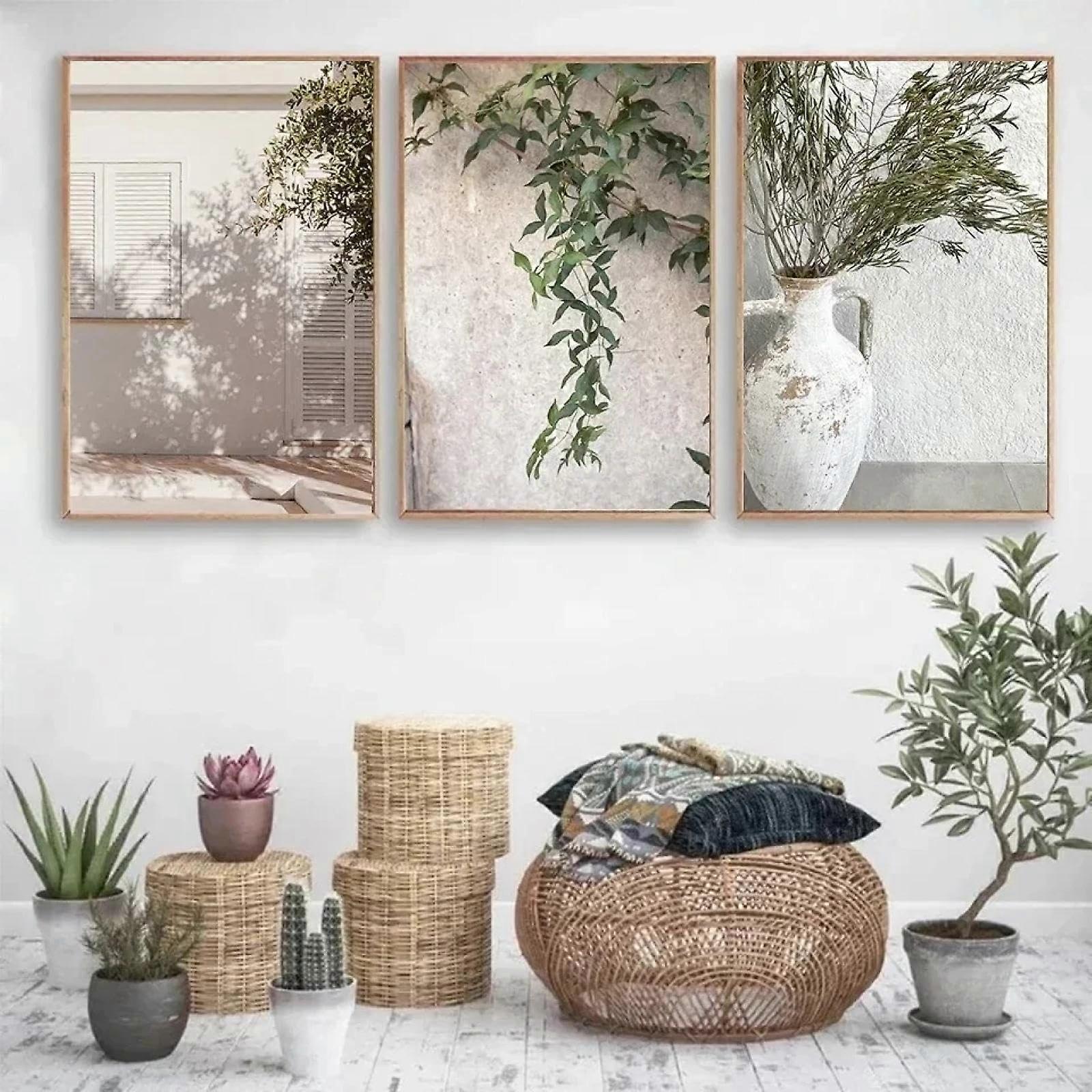 Scandinavian Simple Bohemian Spanish Architecture Green Leaves Print Wall Art 80x120cmx3