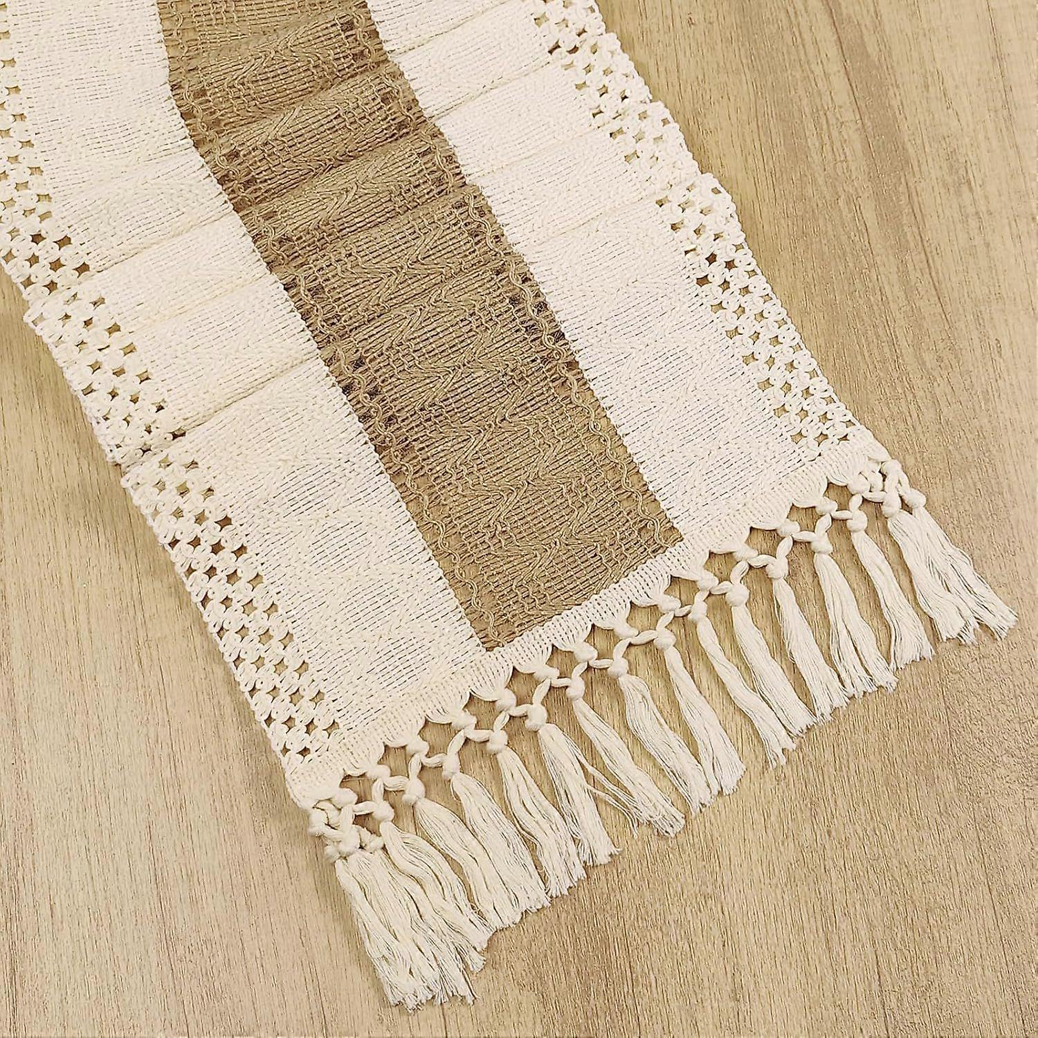 Boho Macram Table Runner with Tassels  48x12 inch Beige  Spring Farmhouse Rustic Bohemian