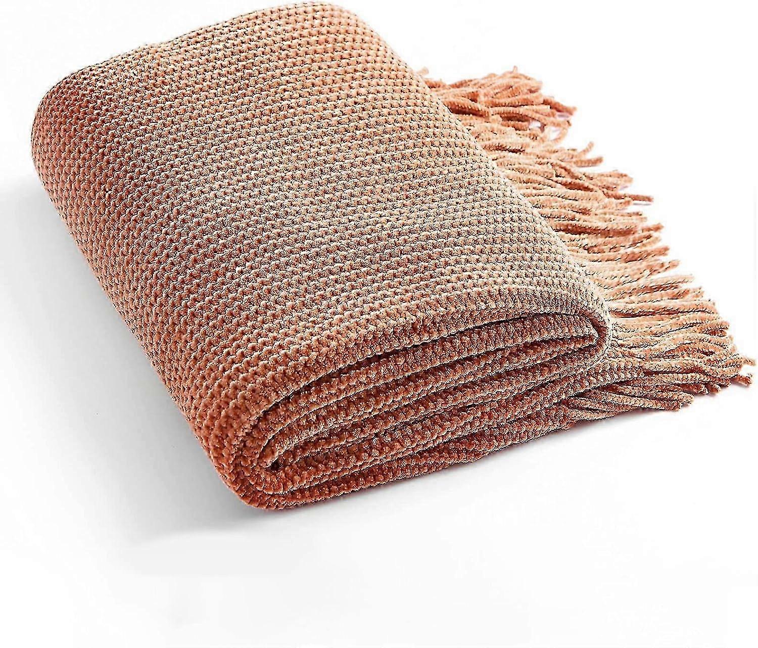 Knitted Sofa Blanket, Soft, Country Style, Bohemian, with Pom Poms, Lightweight, Decorative, Maple Brown, for Bed/Chair/Sofa, Striped Texture, 18