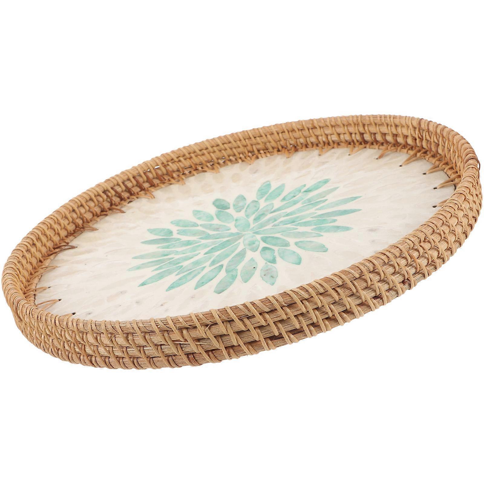Woven Round Storage Basket Decorative Serving Tray Home Kitchen Bread Serving White Shell Handmade Function 1Set
