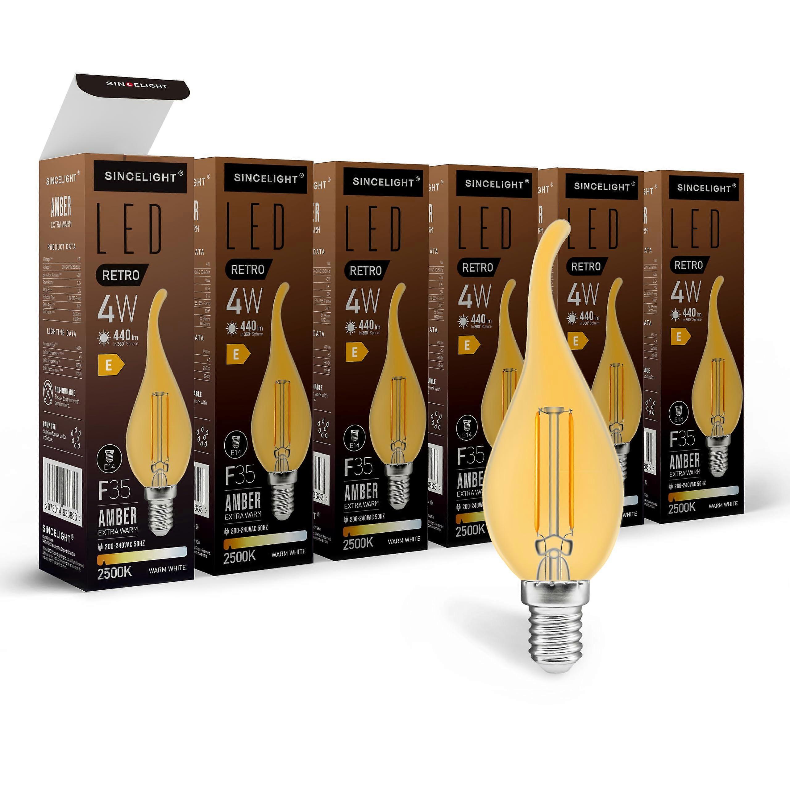 E14 LED Retro Filament Bulb, Vintage FlameLike Candle, 4W, 440lm, 50W Equivalent, Amber 2500K, SES Base, Pack of 6