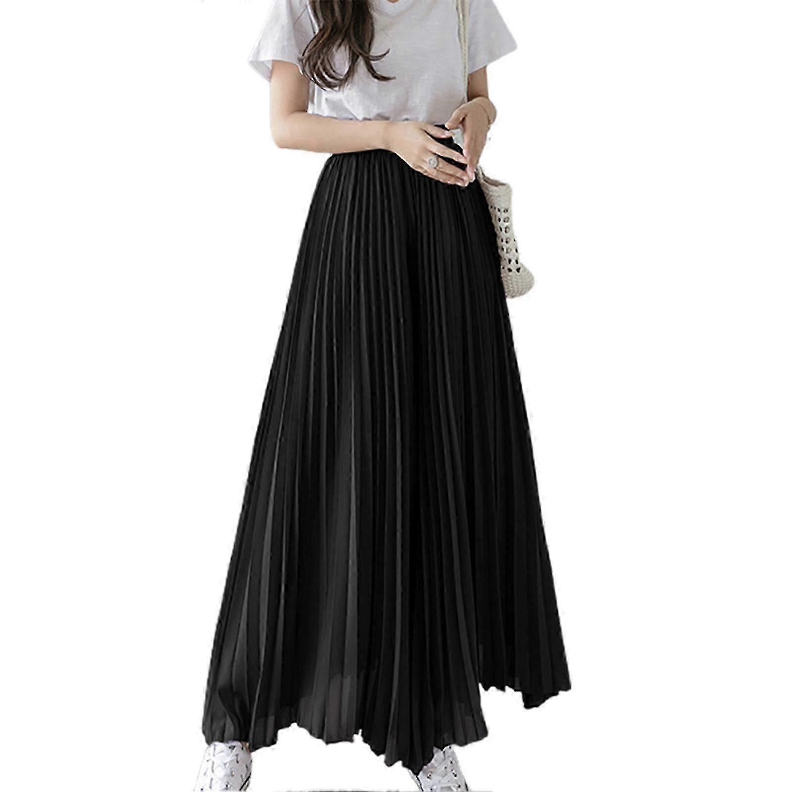 Jupe Maxi plissée pour femmes - modeste élastique taille haute A Line Swing Boho Ruffle Plisse jupe longue pour décontracté ou bureau
