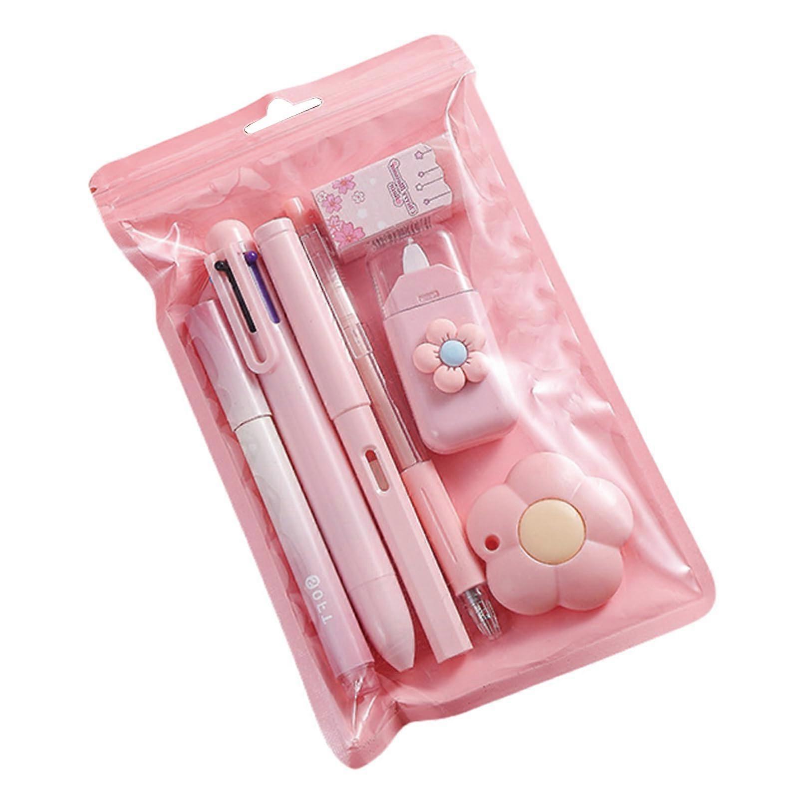 7 - Piece Cute Pink Stationery Set with Ballpoint Pens, Pencil Sharpener, Highlighter, Correction Tape, Ruler and Utility Knife, Ideal for School and 