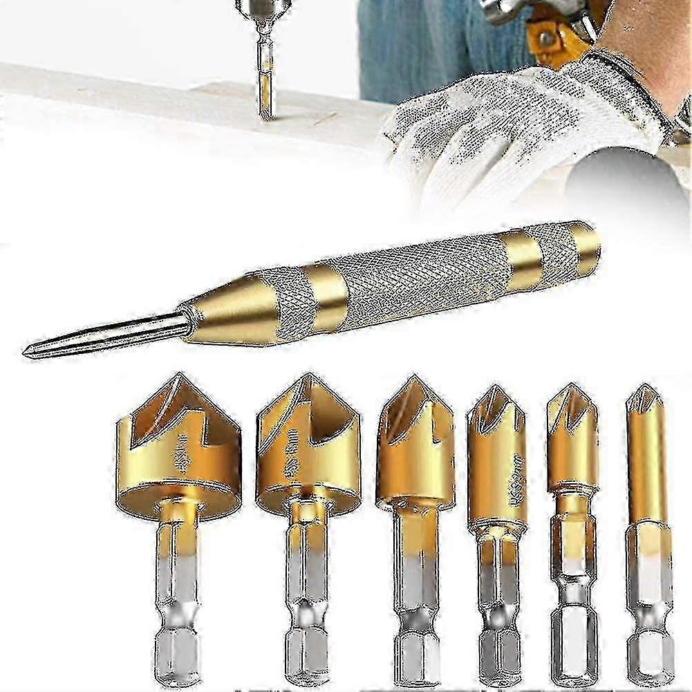 6pcs Hss Countersink Drill Bit,flute Countersinking Bits Hole Cutter Titanium Coated Chamfering Drill Bit 1/4" Hex Shank Wood Drilling Bits 6/8/9/12/1