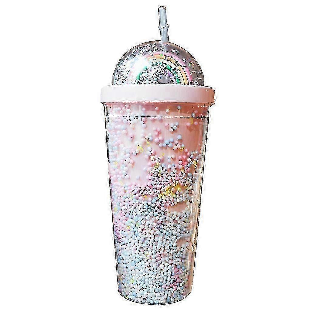 w 550ml Rainbow Plastic Water Bottle Double Layer Sequins Drinking Cup With Straw