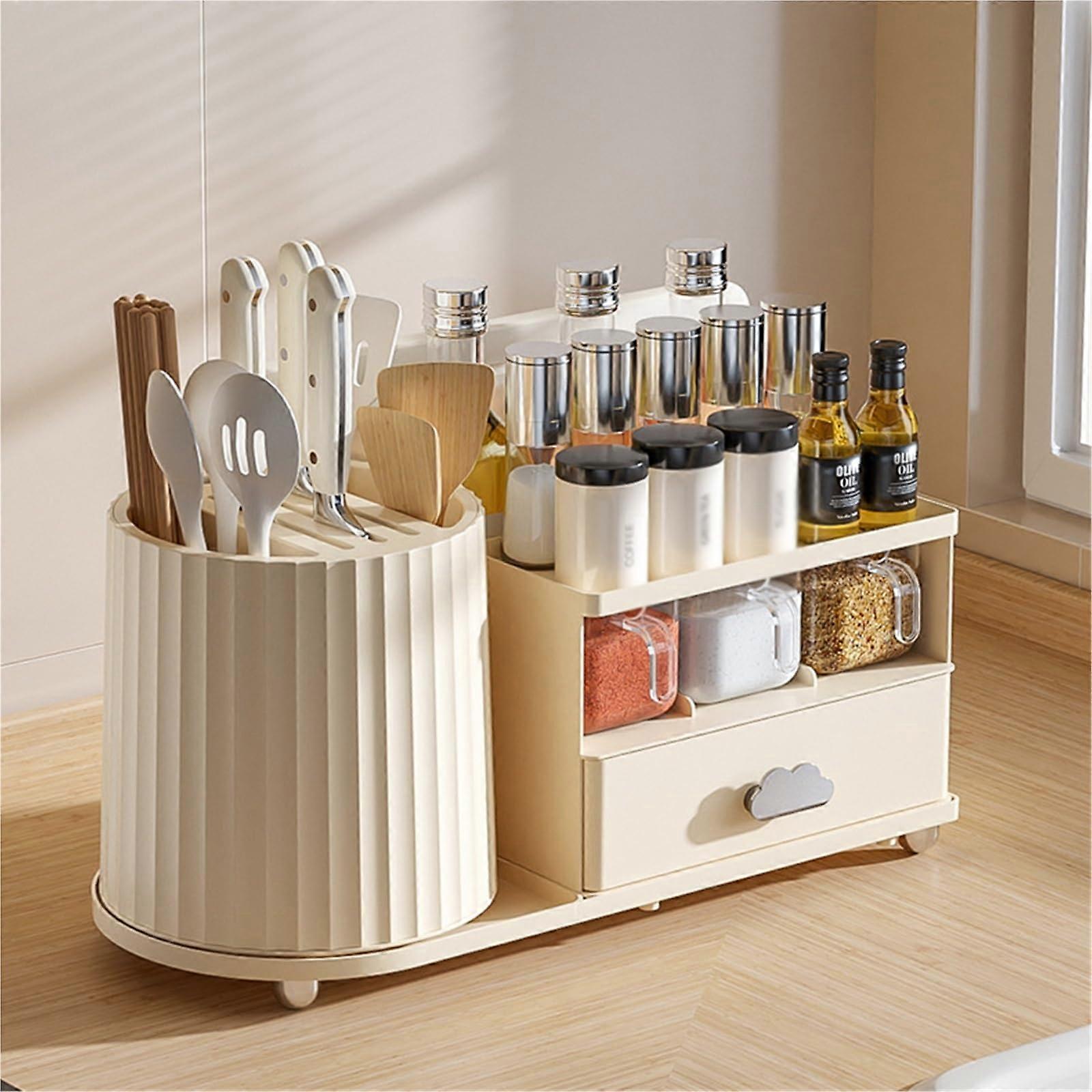 Kitchen Countertop Organizer 360° Rotating Utensil and Spice Rack with Drawers White 18x9x9in