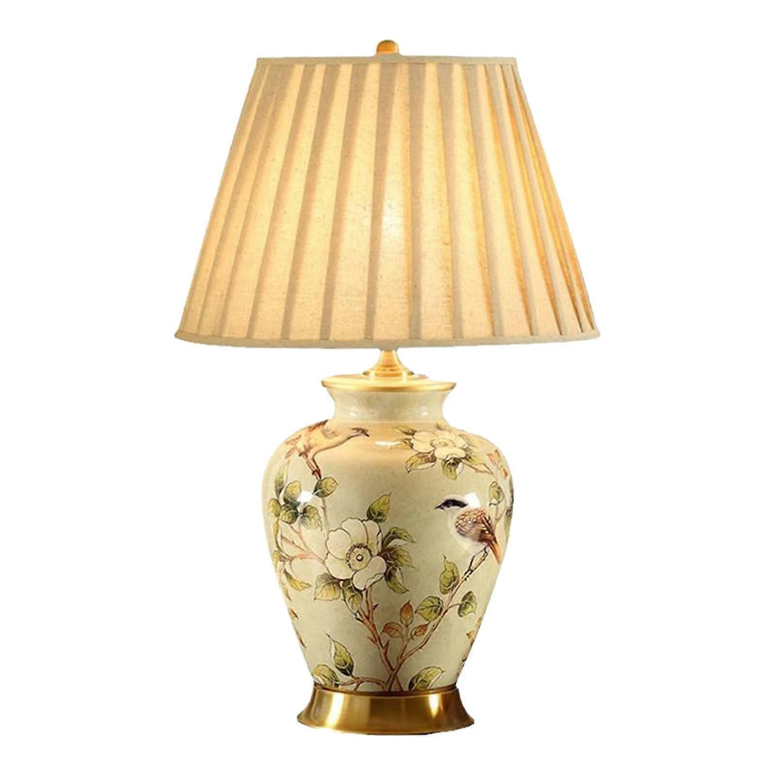 Yellow Hand Painted Ceramic Table Lamp with Fabric Shade, Vintage Chinoiserie Flower and Bird Design