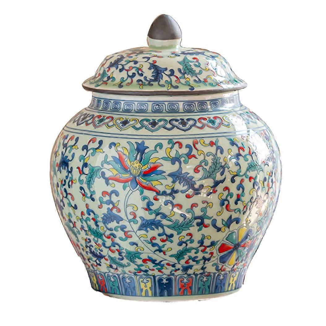 Colorful Chinese Style Porcelain Ginger Jar with Lid, Elegant Glaze Temple Vase for Home Decor