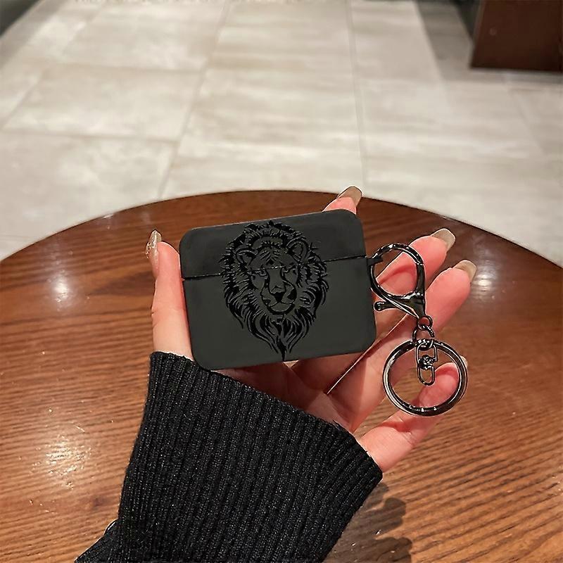 Black Lion Pattern Anti-Drop Soft Case for Apple for Airpods 1/2, 3, 4, Pro/Pro2 Wireless Bluetooth Earphone Cover with Keychain