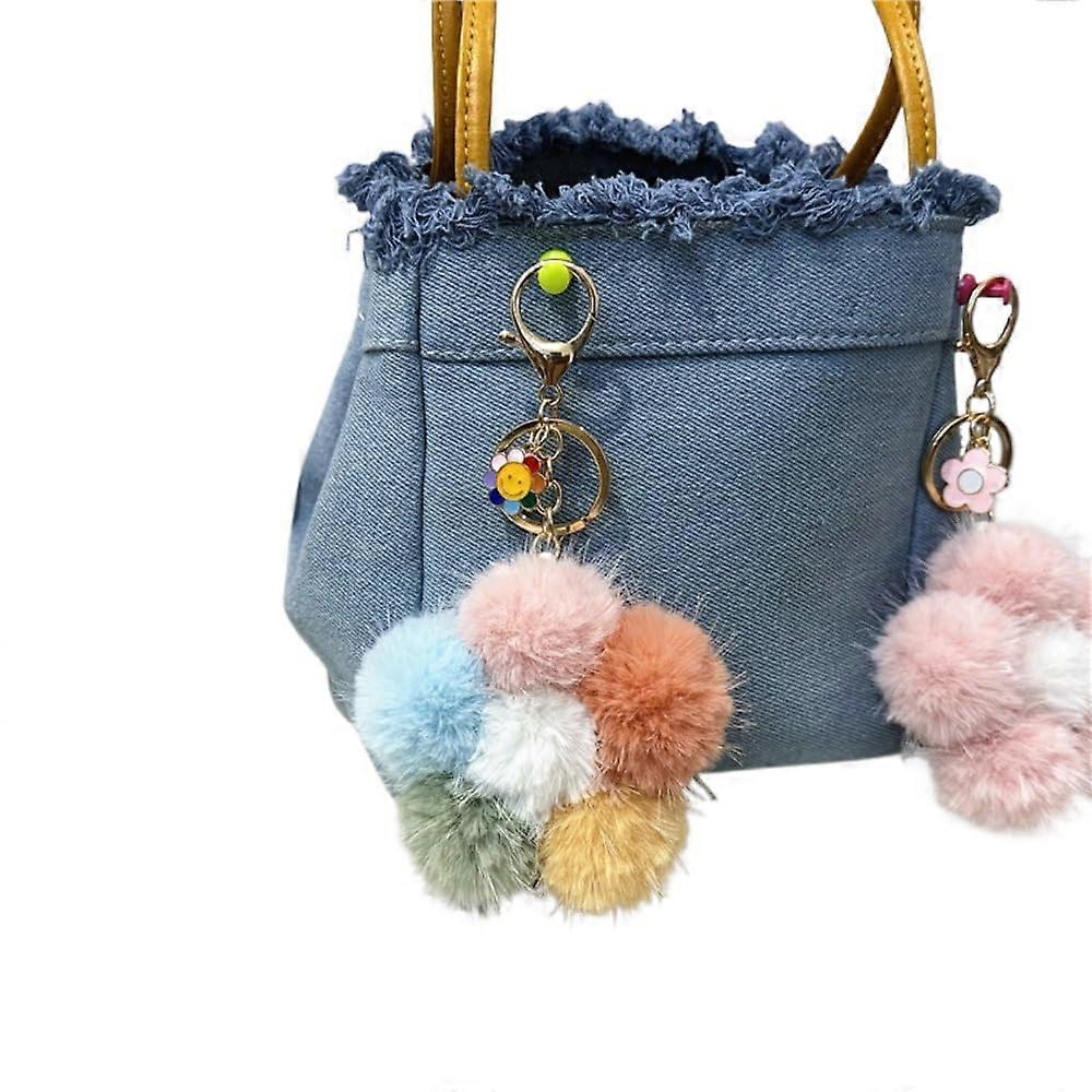 Fluffy Ball Keychain Pendant with Flower Phone Charm, Soft Hairball and Durable Metal Keyring