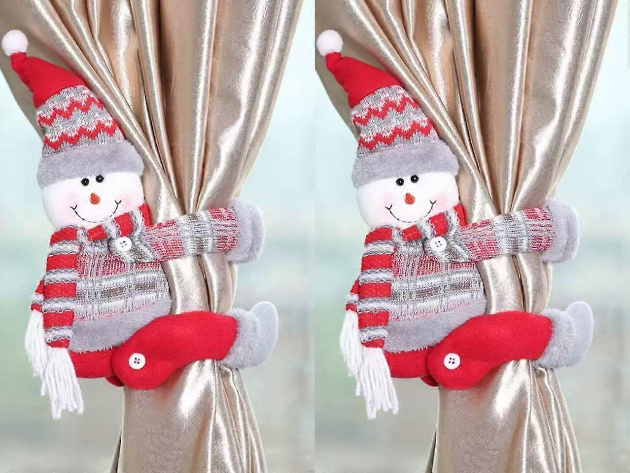2Pcs Christmas Curtain Tiebacks Santa Snowman Reindeer Plush Holdbacks with Secure Button for Holiday Decor
