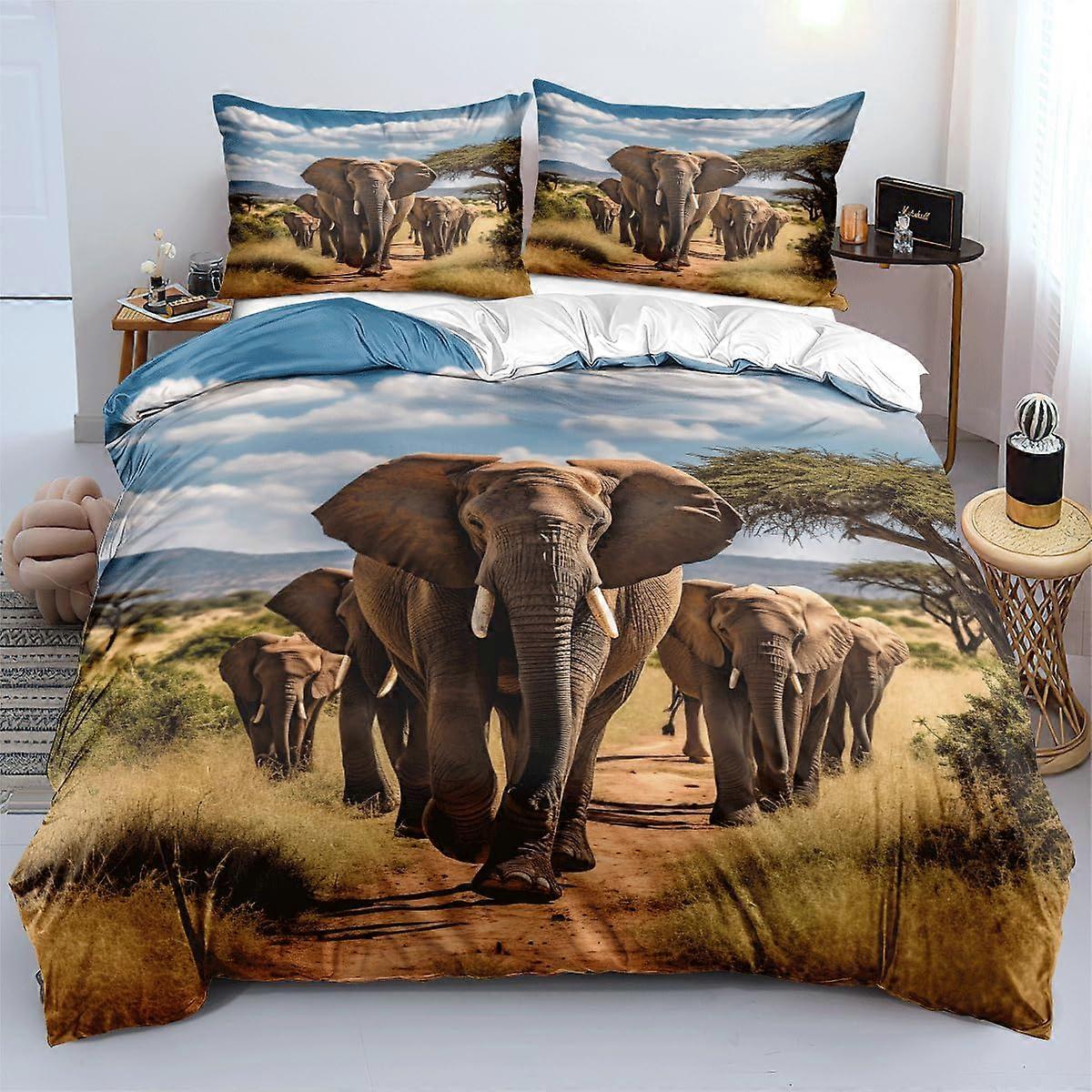 Elephant Duvet Cover Queen Size Bedding Set with Vivid African Elephant Print, Durable Microfiber