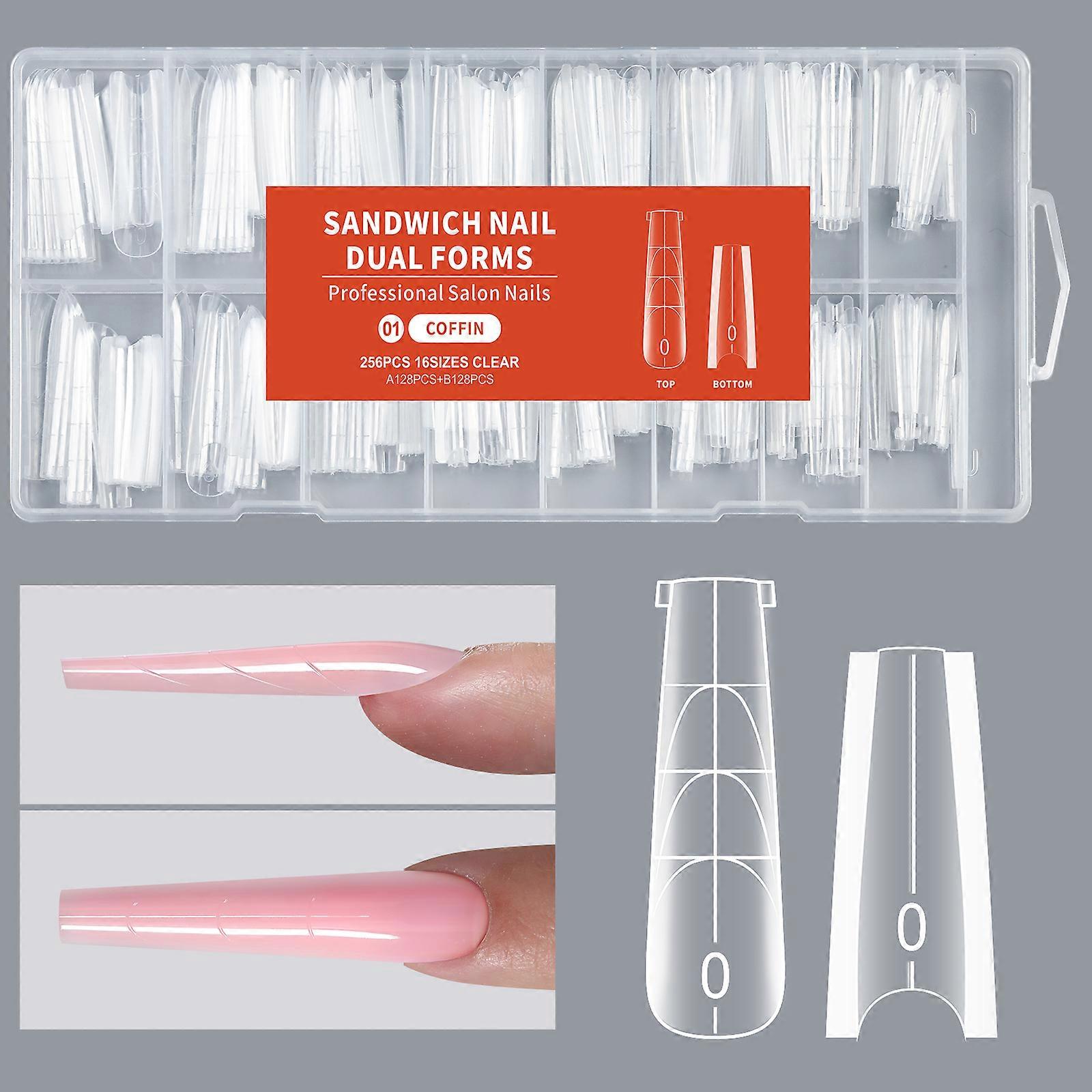 256pcs/Box Trapezoidal Double-Layer Nail Extension Tips Quick-Building Gel Moldsfull Coverage Nail Extensions Suitable DIY Salon