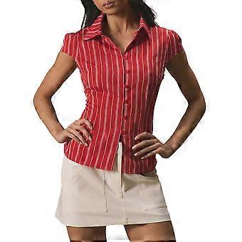2026 Women'S Striped Button Down Shirt Cap Short Sleeve Fitted Work Business Blouses Red M