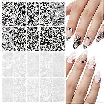 2 pudełka / łącznie 20 rolek koronkowych naklejek na paznokcie DIY Naklejki do manicure Naklejki do przenoszenia paznokci (czarno-białe)